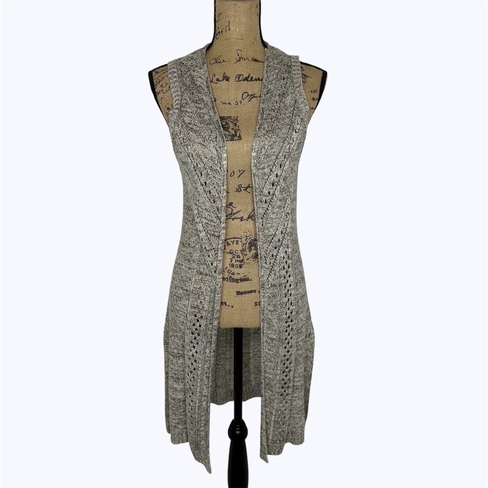 New Directions Knit Longline Vest Brown Marl Pointelle Open Layer Boho Sz M